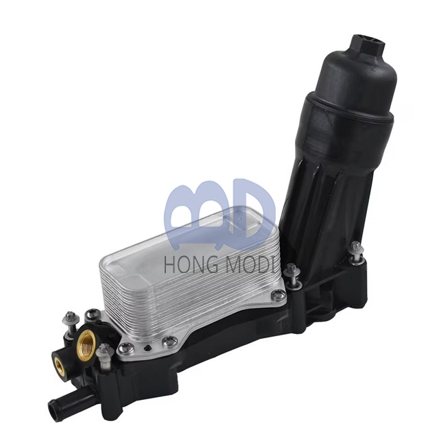 Oil filter adapter housing with cooler, 68105583AB, suitable for Chrysler, Dodge, and Jeep 3.6-liter engines.